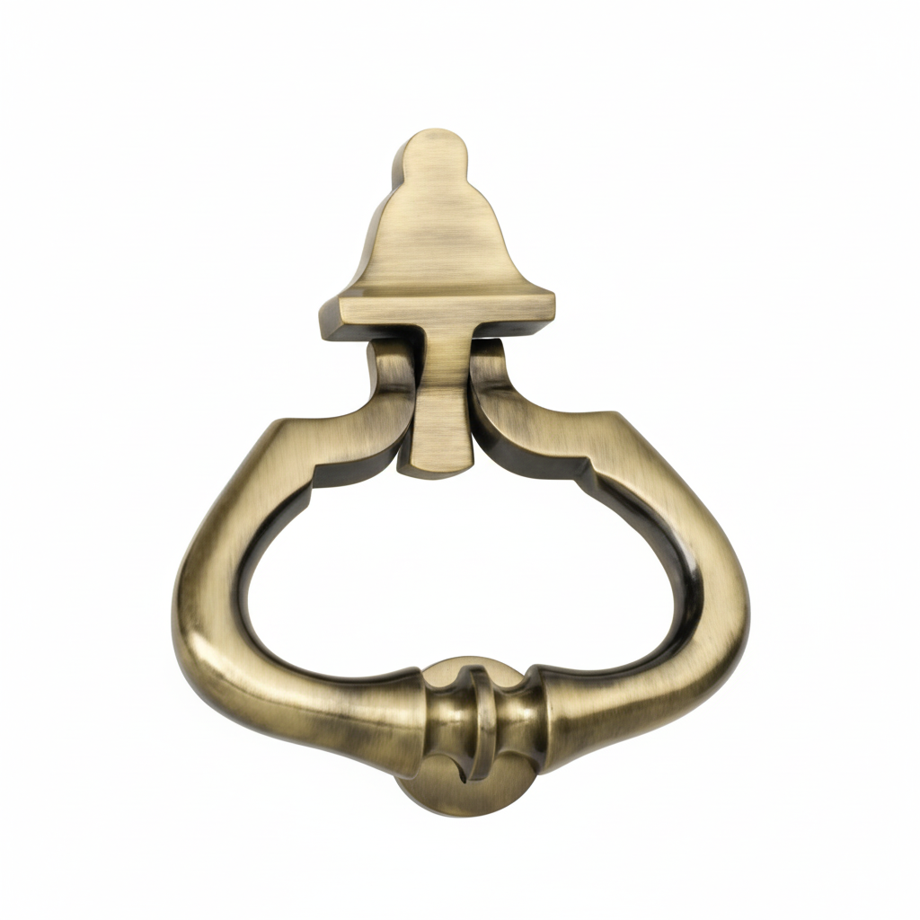 A traditional pear-shaped door knocker made of high-quality metallic material with an antique brass finish, featuring a unique bell-shaped mounting bracket and a matching circular striker plate for a classic home entrance aesthetic.