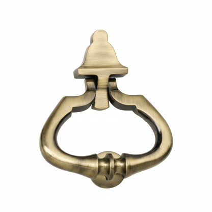 A traditional pear-shaped door knocker made of high-quality metallic material with an antique brass finish, featuring a unique bell-shaped mounting bracket and a matching circular striker plate for a classic home entrance aesthetic.