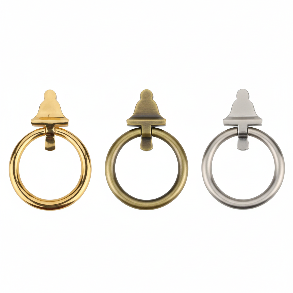 three round ring pull handles for furniture and cabinets, featuring a unique bell-shaped mounting bracket. The set is displayed in three premium metallic finishes gold, antique brass, and satin.