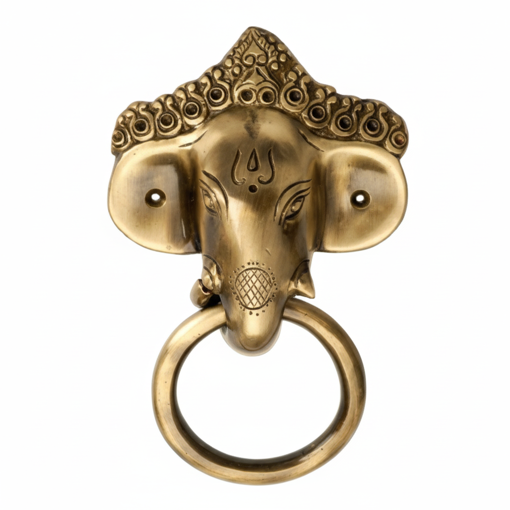 An antique brass door knocker featuring the detailed face of Lord Ganesha with an ornate crown and sacred tilak, holding a thick circular ring pull, designed for traditional home entryways and pooja room doors.