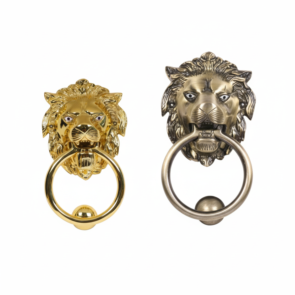 A pair of lion head door knockers shown in two premium finishes: a bright polished gold and a weathered antique brass. Each features a highly detailed lion’s mane and facial features, holding a smooth circular ring that strikes against a matching metal ball base.