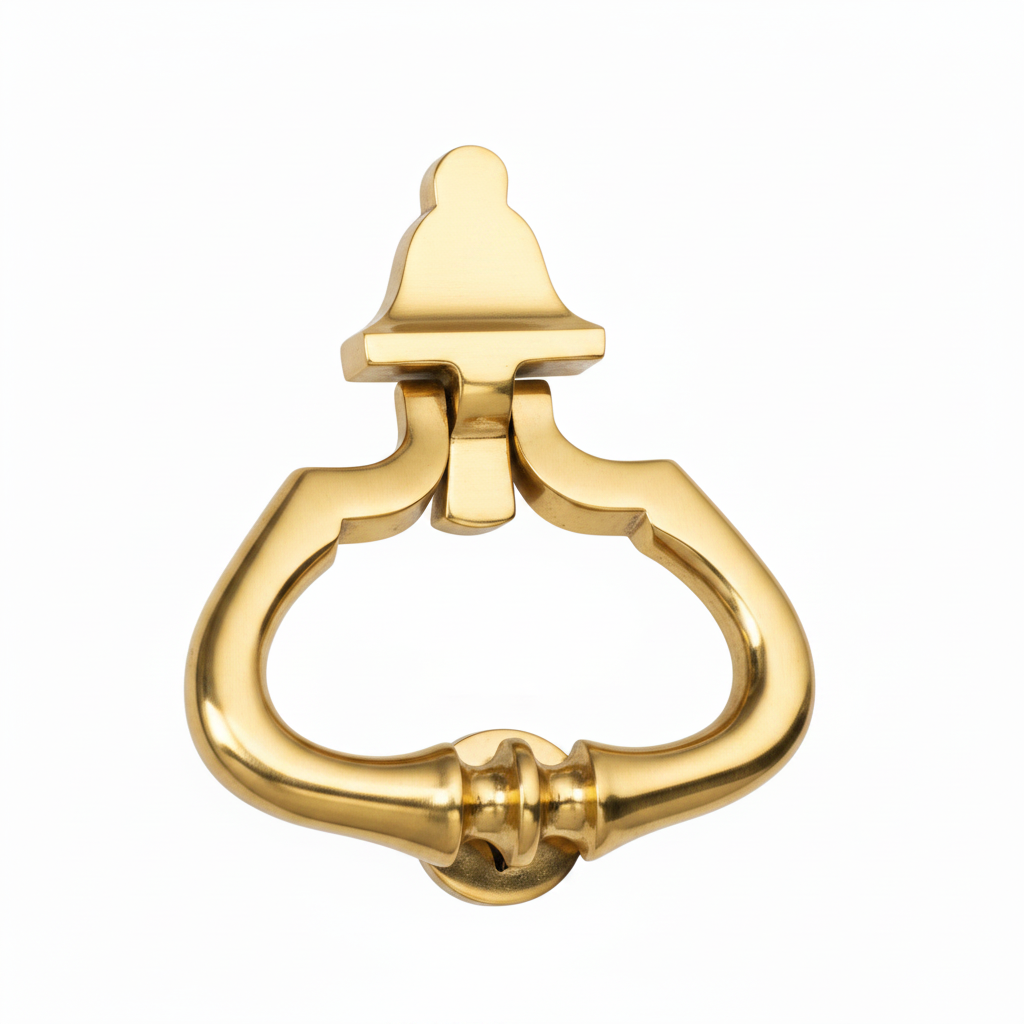 A premium pear-shaped door knocker featuring a brilliant polished gold finish and a unique bell-shaped mounting bracket. The design includes a curved knocker handle and a matching round striker plate at the base for a sophisticated and high-end home entrance aesthetic.