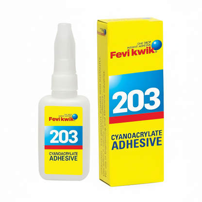 Fevikwik 203 Cyanoacrylate Adhesive bottle and packaging on a white background