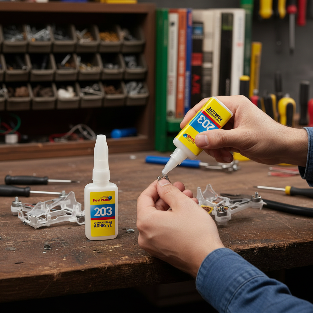 Person applying glue to a small metal component on a workbench with various tools and materials in the background.