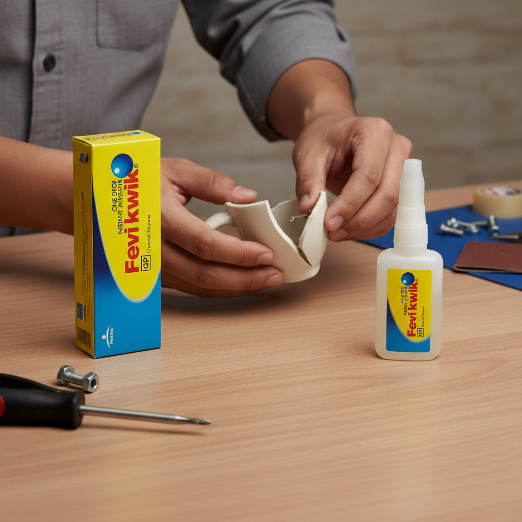 Person using Fevikwik glue on a small white object with the product packaging visible.