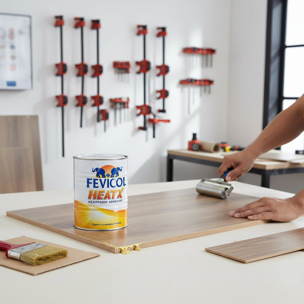 Person applying Fevicol HeatX wood adhesive to a wooden surface with tools in the background.