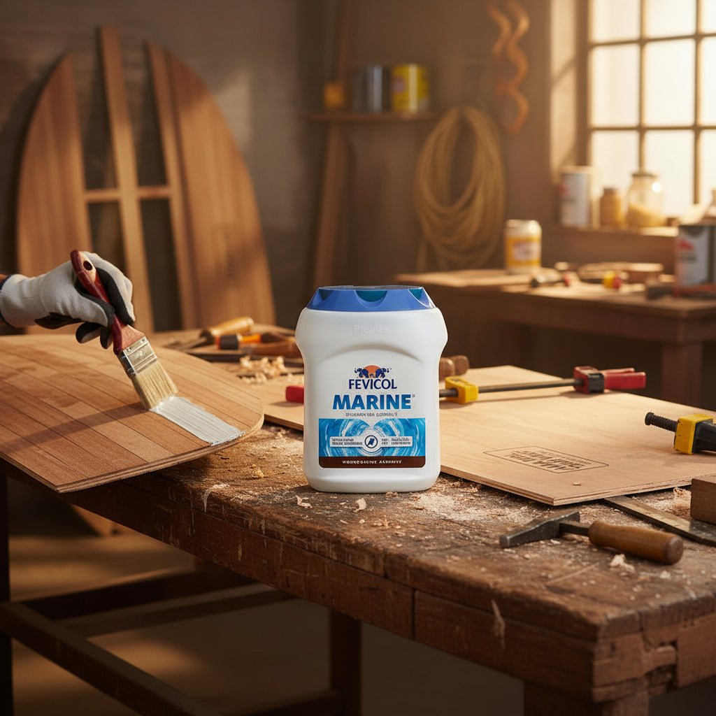 Fevicol Marine paint container on a wooden workbench with a person painting wood.
