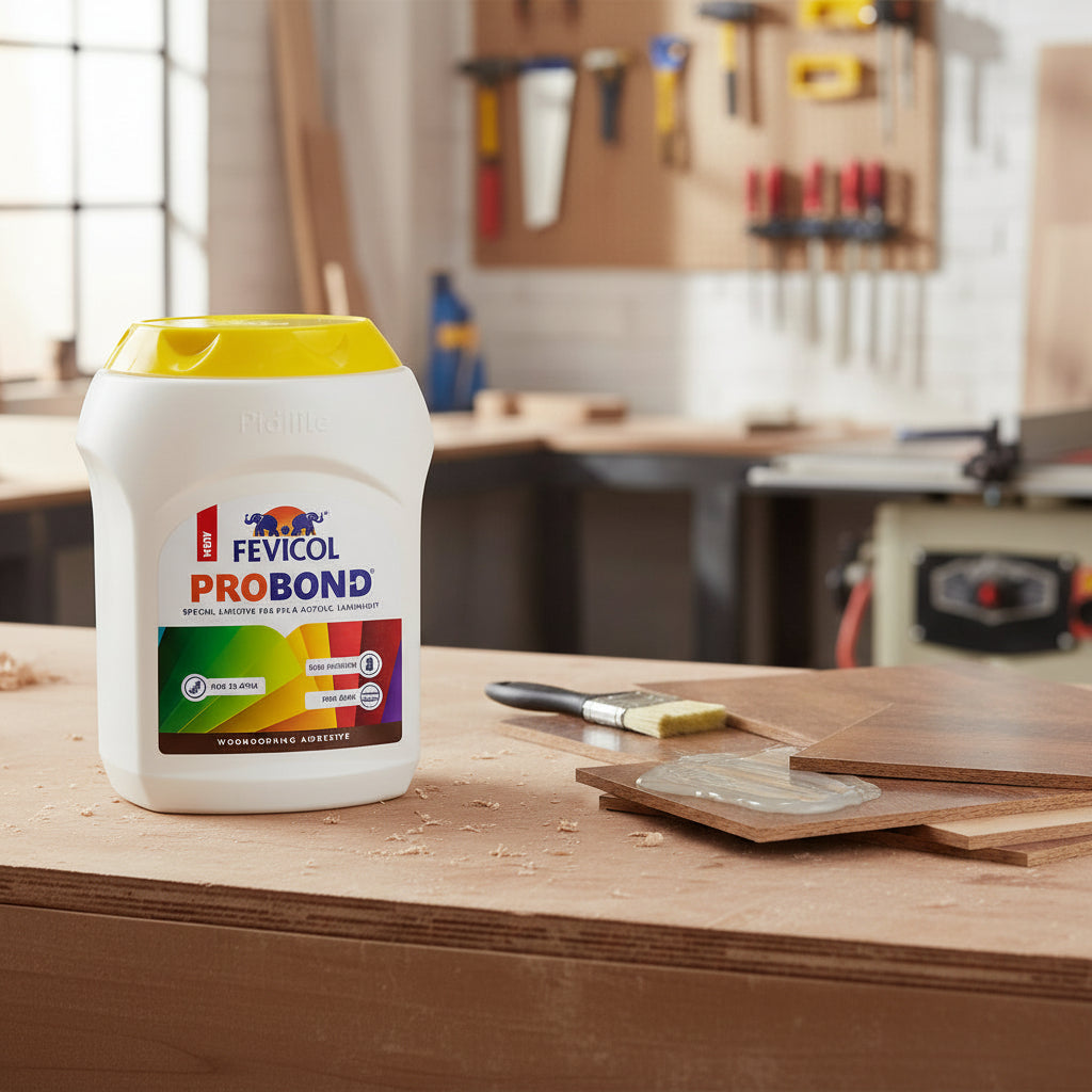 Fevicol ProBond adhesive container on a wooden surface with a workshop background