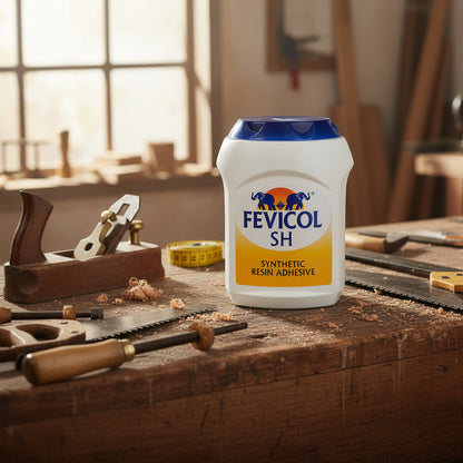 Fevicol SH synthetic resin adhesive container on a wooden workbench with tools in a workshop.