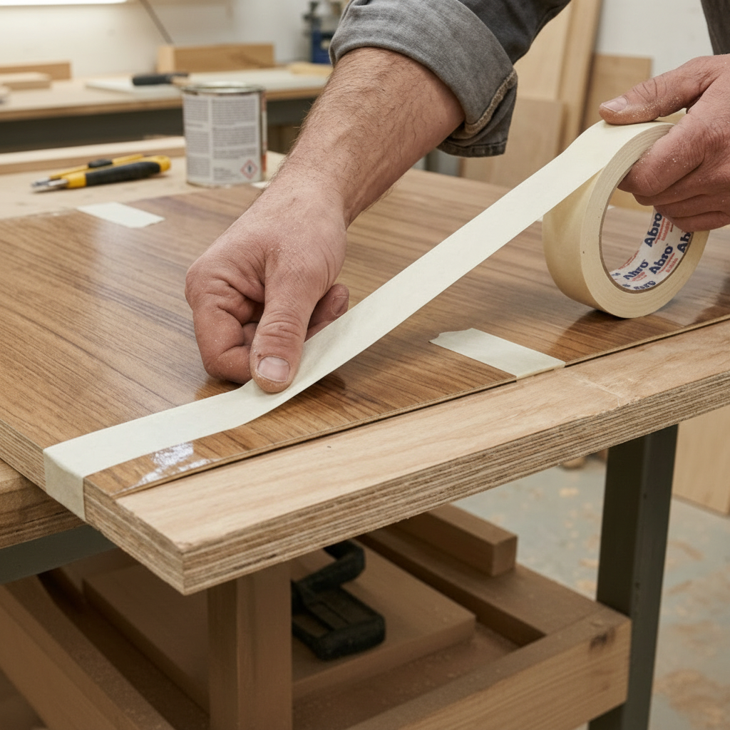 A close-up of a person's hands applying cream-colored ABRO 6123 masking tape to a wooden veneer sheet in a carpentry workshop. This high-performance tape is shown securing the wood surface during a furniture repair or woodworking project, demonstrating its versatility and strong adhesion.