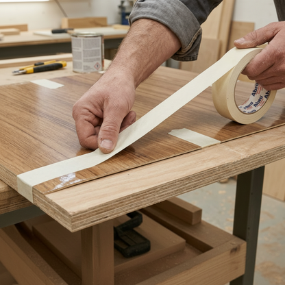 A close-up of a person's hands applying cream-colored ABRO 6123 masking tape to a wooden veneer sheet in a carpentry workshop. This high-performance tape is shown securing the wood surface during a furniture repair or woodworking project, demonstrating its versatility and strong adhesion.