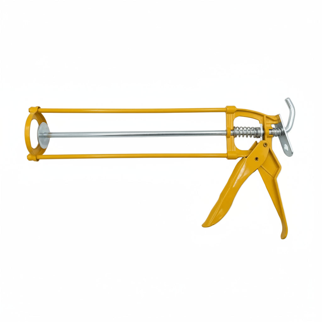 Yellow caulking gun on a white background