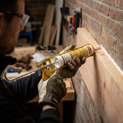Person applying silicone sealant to a wooden frame with a caulking gun.