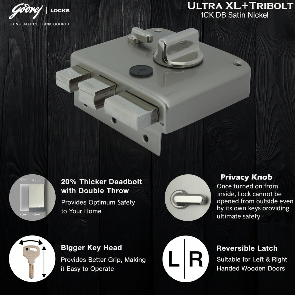 Godrej Tribolt Ultra XL+ | Satin and Antique Brass | 1CK Deadbolt Rim Lock