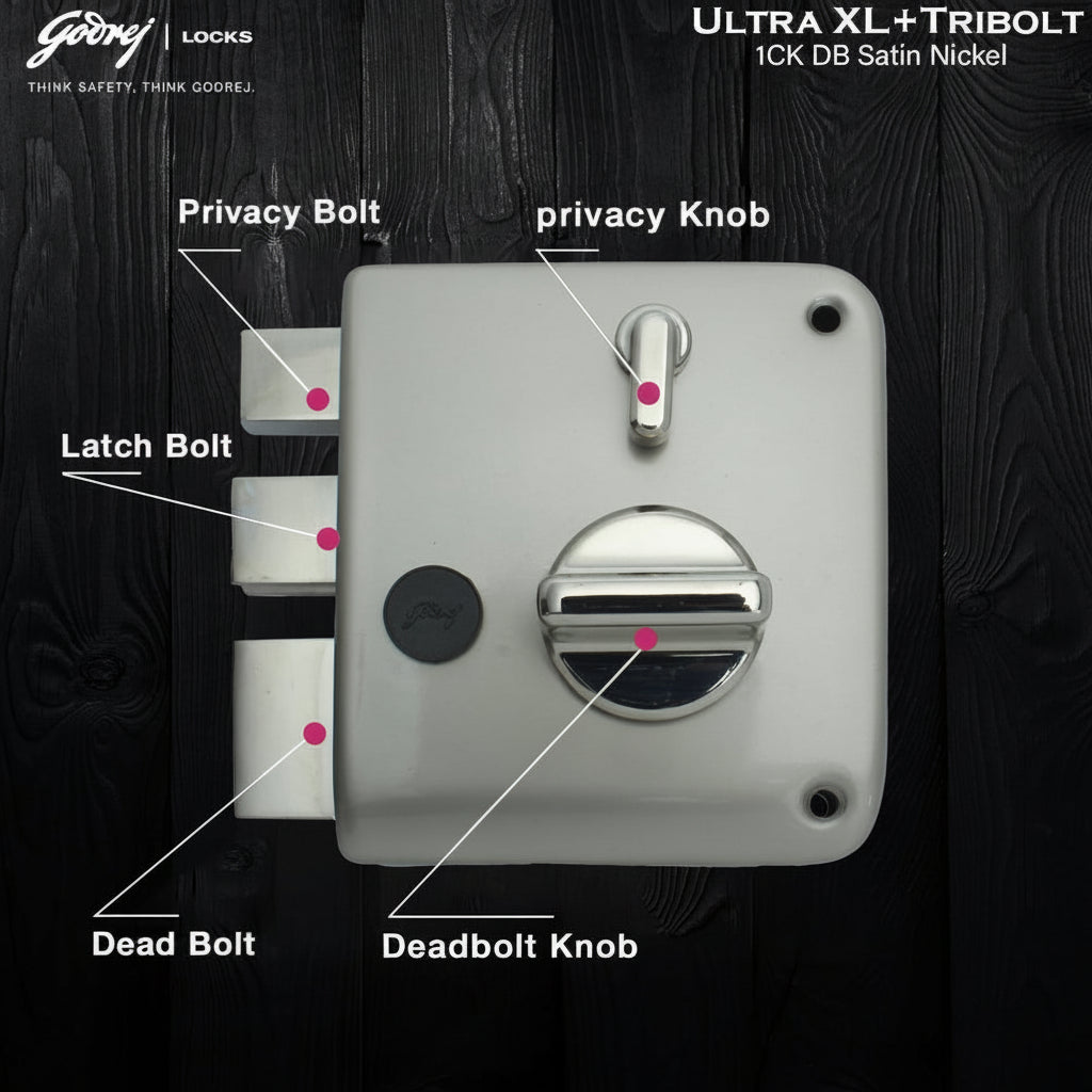 Godrej Tribolt Ultra XL+ | Satin and Antique Brass | 1CK Deadbolt Rim Lock