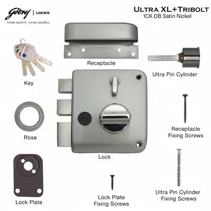 Godrej Tribolt Ultra XL+ | Satin and Antique Brass | 1CK Deadbolt Rim Lock