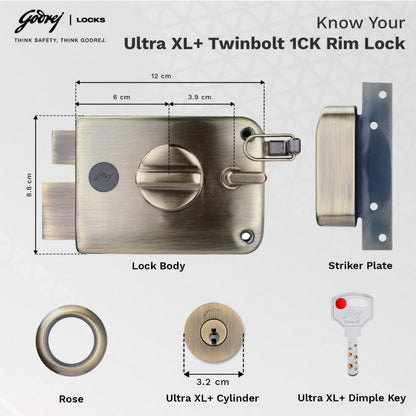 Godrej Twinbolt Ultra XL+ | Antique Brass | Auto-Lock Rim Lock