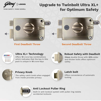 Godrej Twinbolt Ultra XL+ | Antique Brass | Auto-Lock Rim Lock