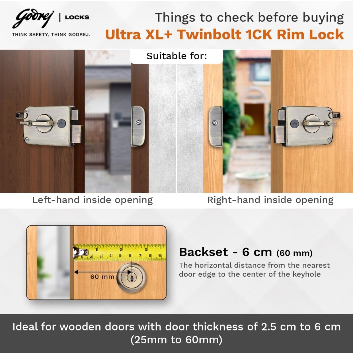 Godrej Twinbolt Ultra XL+ | Antique Brass | Auto-Lock Rim Lock