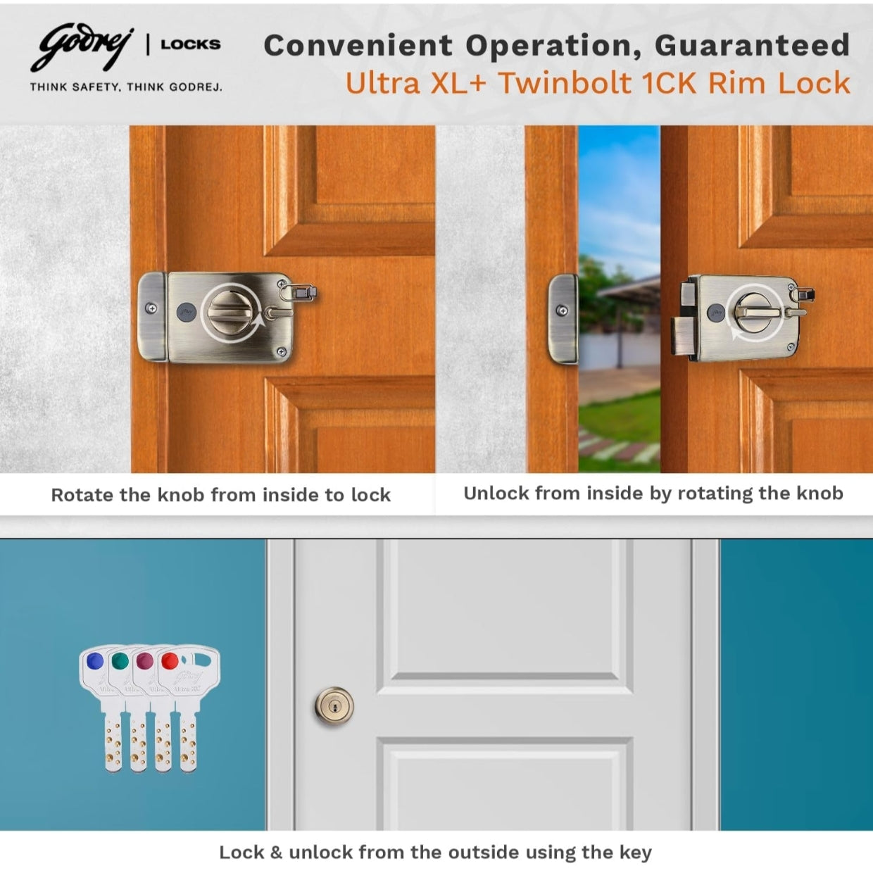 Godrej Twinbolt Ultra XL+ | Antique Brass | Auto-Lock Rim Lock