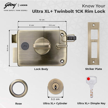 Godrej Twinbolt Ultra XL+ | Antique Brass | Auto-Lock Rim Lock