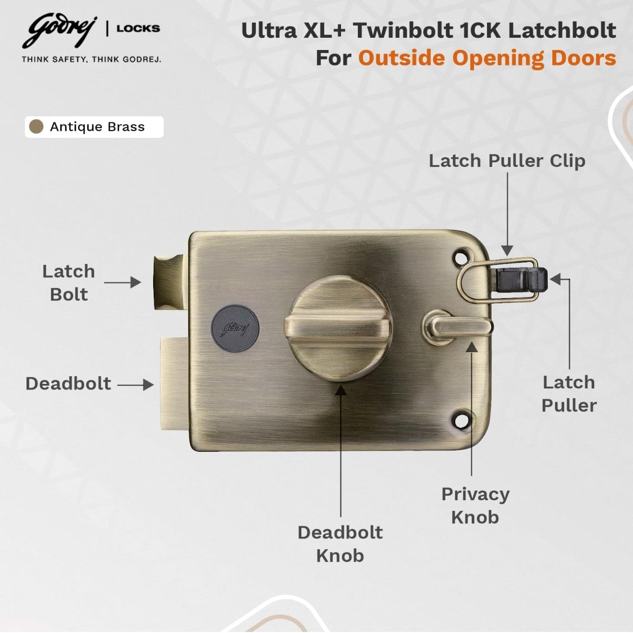 Godrej Twinbolt Ultra XL+ | Antique Brass | Auto-Lock Rim Lock