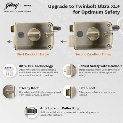 Godrej Twinbolt Ultra XL+ | Antique Brass | Auto-Lock Rim Lock