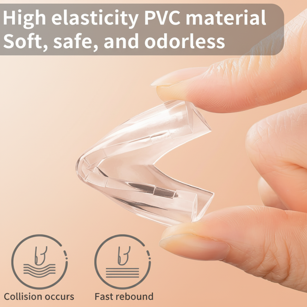 Flexible transparent PVC corner guard with high elasticity, soft impact protection, and shock-absorbing design for safe furniture edge protection.