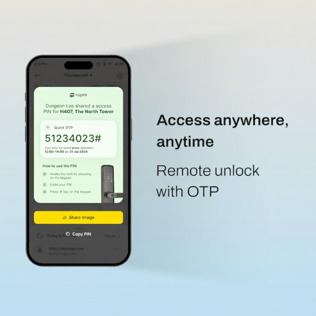 Smartphone displaying Mygate app with OTP-based remote unlock feature for smart door lock access anytime.