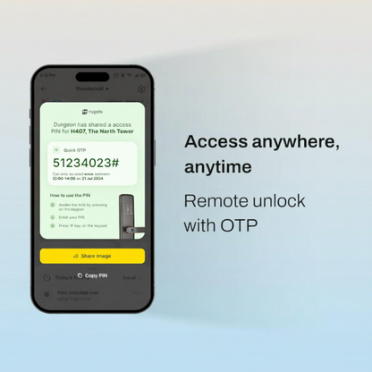Smartphone displaying Mygate app with OTP-based remote unlock feature for smart door lock access anytime.