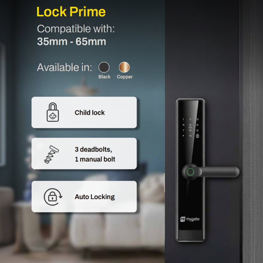 Promotional graphic for Mygate Lock Prime smart door lock showing compatibility with 35–65 mm doors, available in black and copper, and highlighting features like child lock, three deadbolts with one manual bolt, and auto-locking.