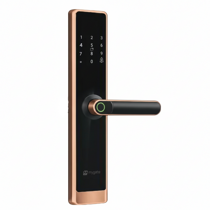 Mygate Lock Prime smart digital door lock in copper finish with touchscreen keypad and fingerprint-enabled handle for secure keyless entry.