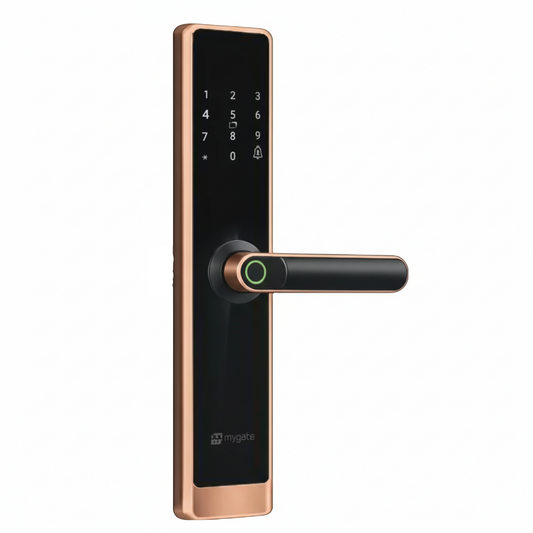 Mygate Lock Prime smart digital door lock in copper finish with touchscreen keypad and fingerprint-enabled handle for secure keyless entry.