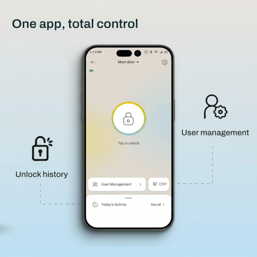 Alt text: Mygate app interface on a smartphone showing tap-to-unlock feature with options for user management, OTP access, and unlock history for smart door lock control.