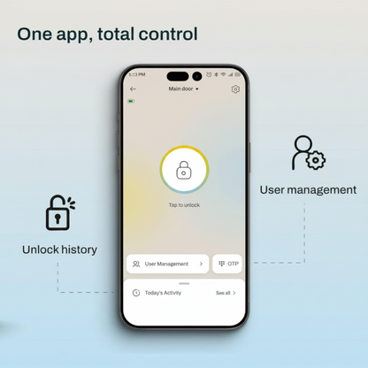 Alt text: Mygate app interface on a smartphone showing tap-to-unlock feature with options for user management, OTP access, and unlock history for smart door lock control.