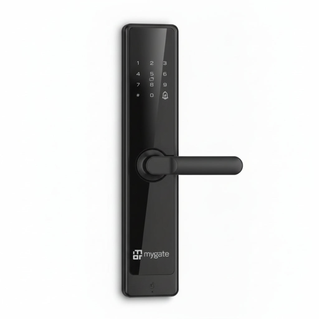Mygate Lock Prime smart digital door lock with touchscreen keypad, fingerprint access, and sleek black finish for secure keyless entry.