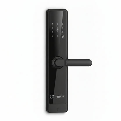Mygate Lock Prime smart digital door lock with touchscreen keypad, fingerprint access, and sleek black finish for secure keyless entry.
