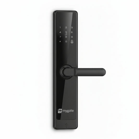 Mygate Lock Prime smart digital door lock with touchscreen keypad, fingerprint access, and sleek black finish for secure keyless entry.
