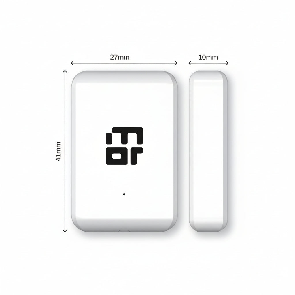 Mygate Door Sensor in white showing compact design with dimensions 41 mm height, 27 mm width, and 10 mm thickness, used for smart door monitoring.