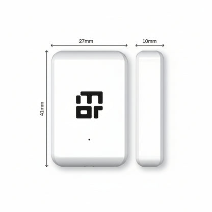 Mygate Door Sensor in white showing compact design with dimensions 41 mm height, 27 mm width, and 10 mm thickness, used for smart door monitoring.