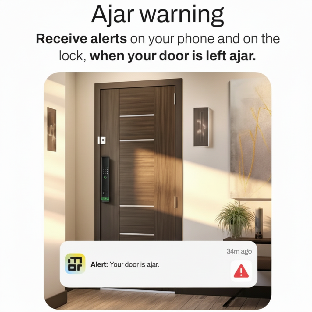 Mygate Door Sensor ajar warning feature showing a smart door lock and mobile alert notification when the door is left open.
