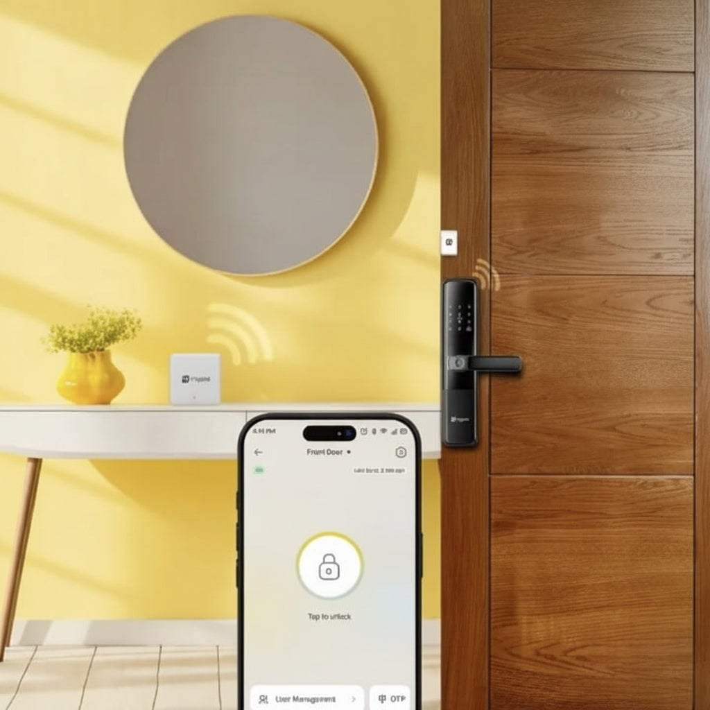Mygate smart door lock connected to a door sensor and mobile app, showing remote door unlocking control via smartphone.