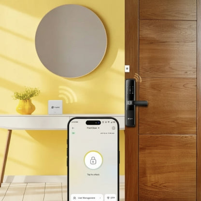 Mygate smart door lock connected to a door sensor and mobile app, showing remote door unlocking control via smartphone.