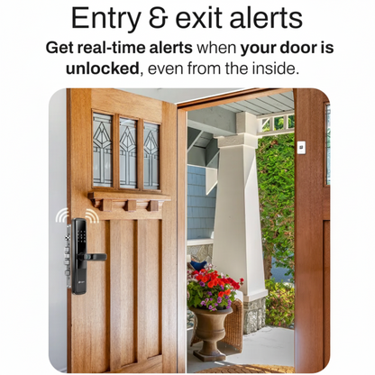 Smart door lock with Mygate door sensor sending real-time entry and exit alerts when the door is unlocked, even from inside.