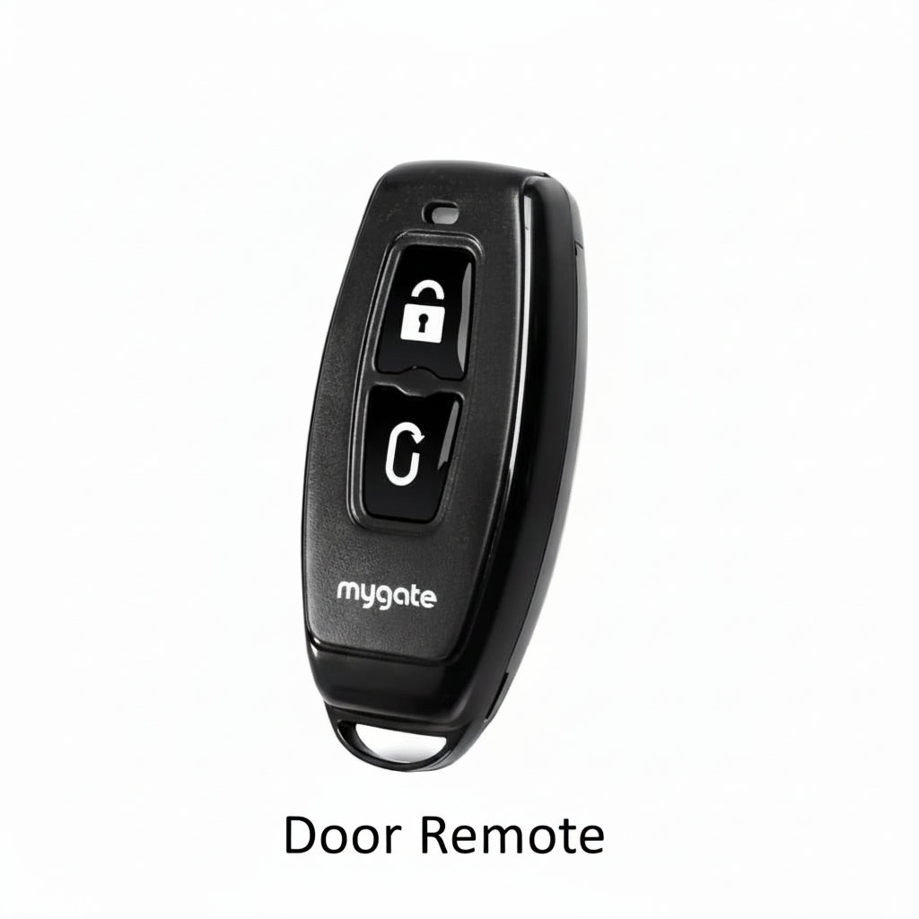 Mygate Door Remote key fob for digital door locks with unlock button, black plastic smart lock accessory for home and office use.