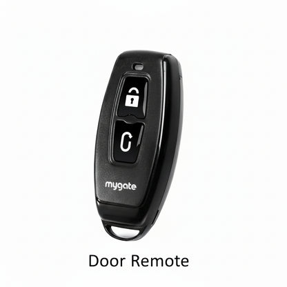Mygate Door Remote key fob for digital door locks with unlock button, black plastic smart lock accessory for home and office use.