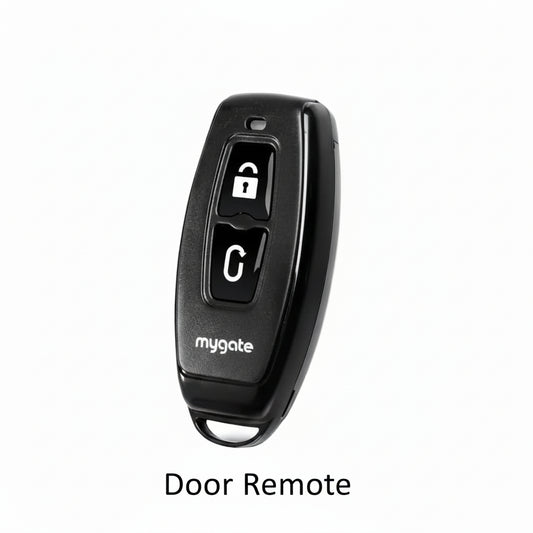 Mygate Door Remote key fob for digital door locks with unlock button, black plastic smart lock accessory for home and office use.