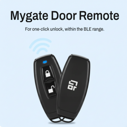 Mygate Door Remote smart lock key fob with lock and unlock buttons for one-click door access within BLE range.
