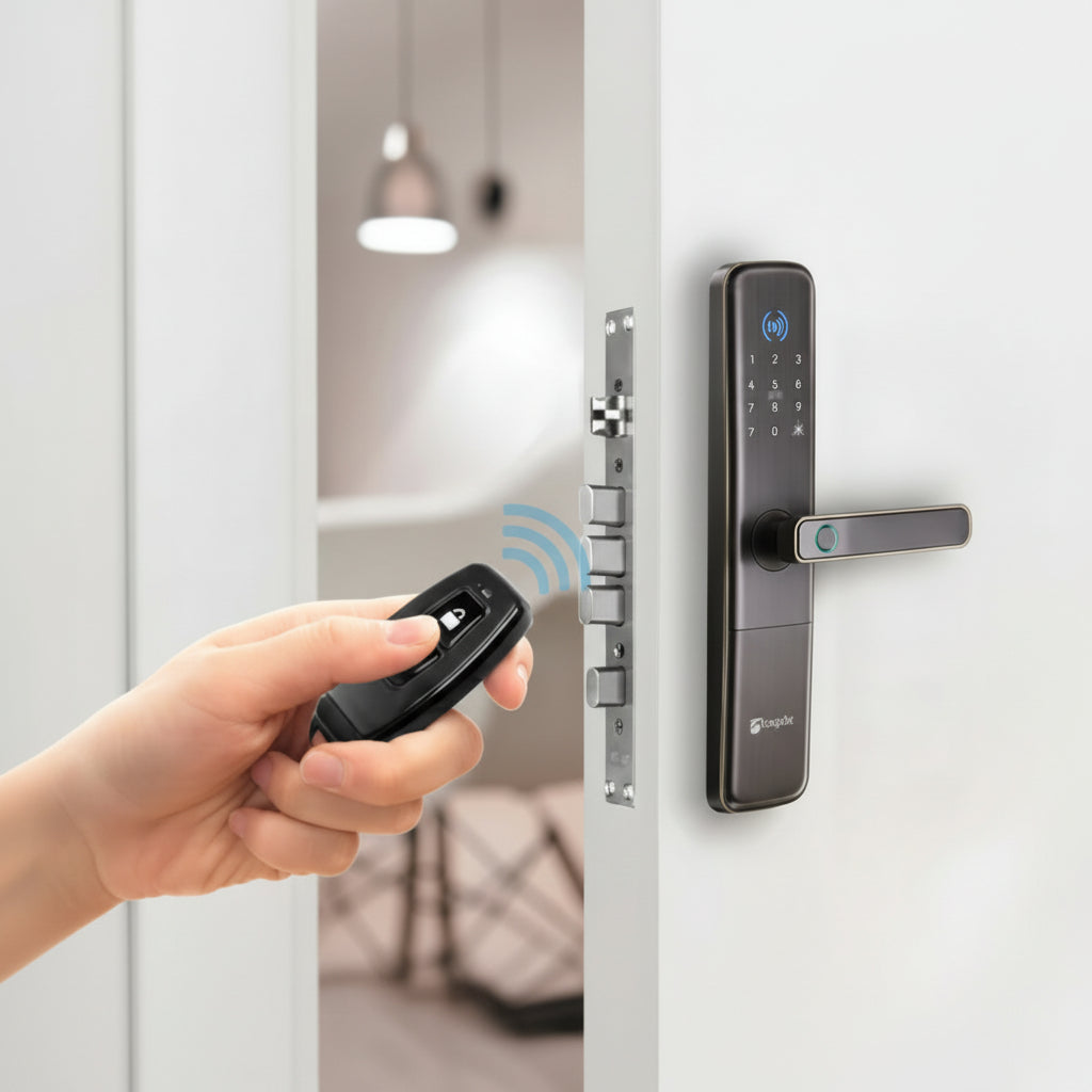 Hand using Mygate door remote to unlock a smart digital door lock with wireless key fob access.