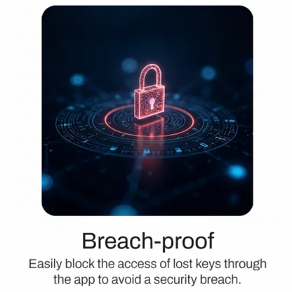 Digital security lock icon representing breach-proof protection for smart door locks and remote access control.
